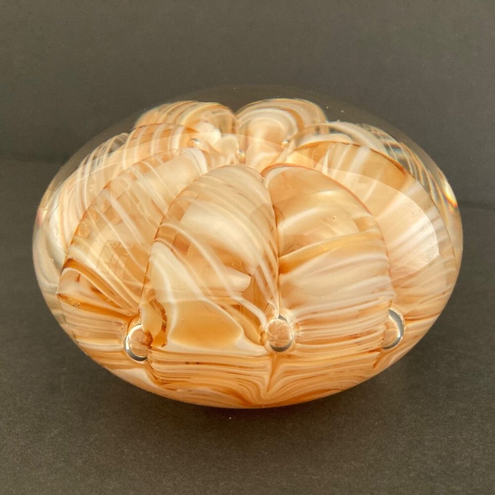 Joe Rice Art Glass Paperweight With Swirled Floral Gold Ribbon Design - Picture 7 of 10